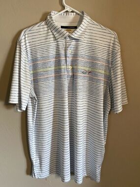 Greg Norman Collection White Polo with Blue Stripes and Multicolor Chest Accents